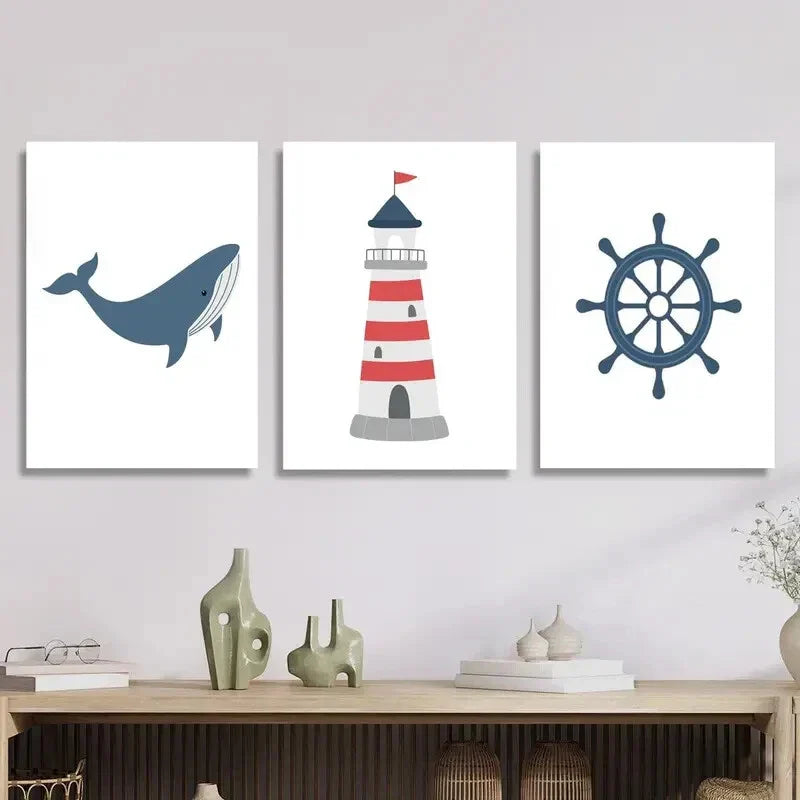 3pcs Navy red lighthouse cartoon ocean poster Metal Print Ready to Hang Art