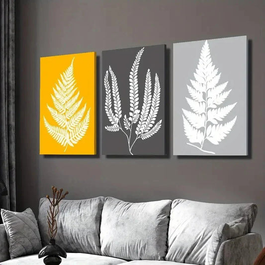 3pcs  Mustard Yellow And Grey Leaves Print Wall Art Set Canvas Framed 40x60cm - High Quality Print 100% Australian Made Wall Canvas Ready to Hang