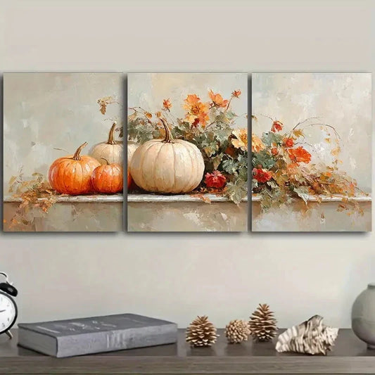 3pcs Paintings of pumpkins and flowers Metal Print Ready to Hang Art