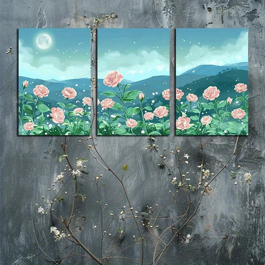 3pcs Beautiful Pink Rose Moon Metal Print Ready to Hang Art