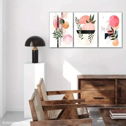 3pcs Pink Pattern And Green Leaves Decorative Metal Print Ready to Hang Art