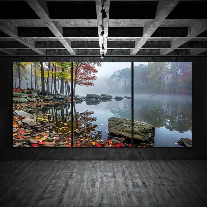 3pcs Lakes Surrounded Rocks and Trees Forest Metal Print Ready to Hang Art