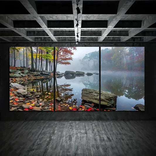 3pcs Lakes Surrounded Rocks and Trees Forest Metal Print Ready to Hang Art
