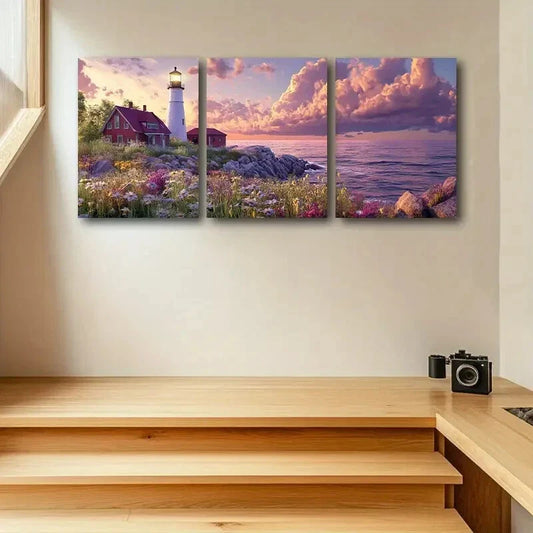 3pcs Lighthouse, Vibrant Sunset & Ocean Scenery Metal Print Ready to Hang Art