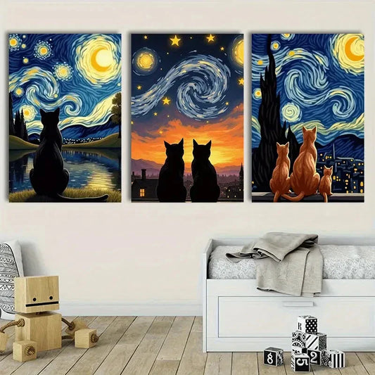 3pcs Van Gogh Starry Night Inspired Cat & Dog Metal Print Ready to Hang Art