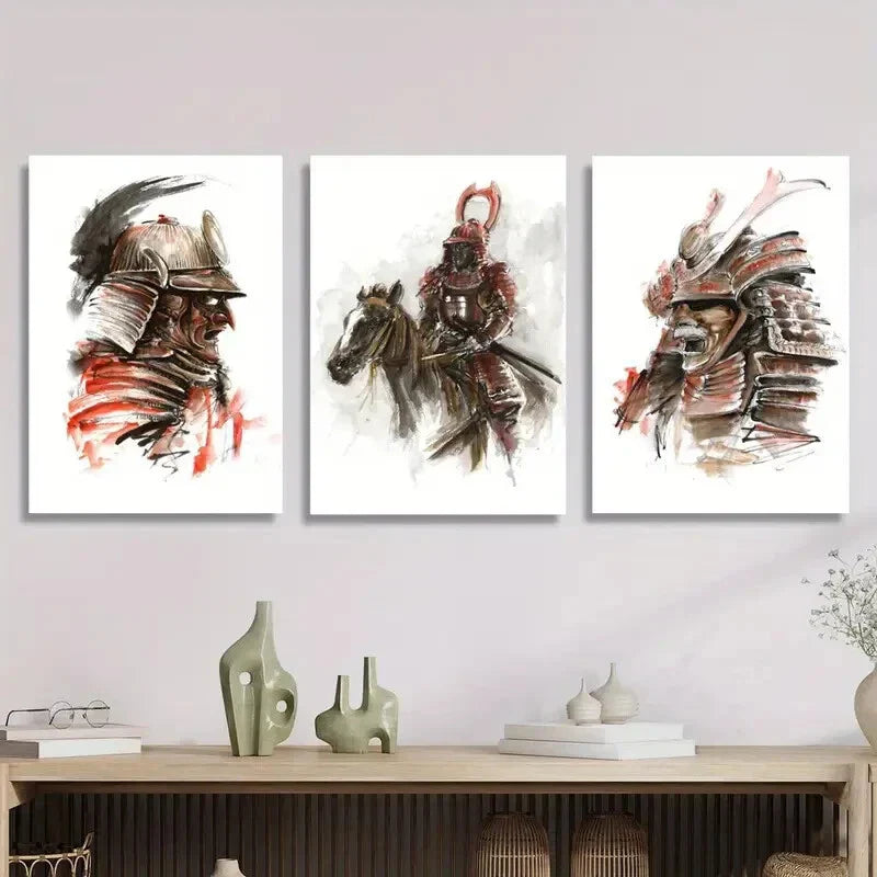 3pcs Samurai Watercolor , Fully Armed Warrior Metal Print Ready to Hang Art