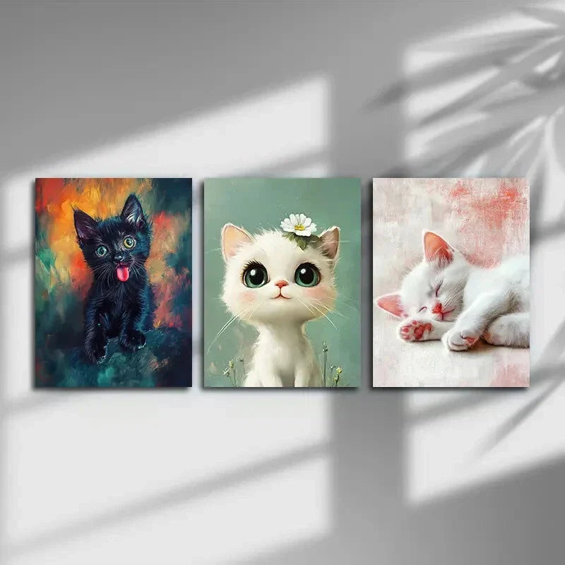 3pcs Adorable Cutest Cat Floral On Head Metal Print Ready to Hang Art