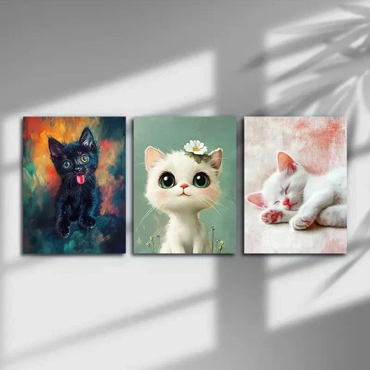 3pcs Adorable Cutest Cat Floral On Head Metal Print Ready to Hang Art
