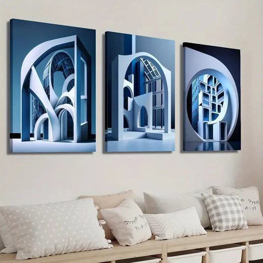 3pcs Modern Abstract Blue Geometric Cityscape Wall Art Set Canvas Framed 40x60cm - High Quality Print 100% Australian Made Wall Canvas Ready to Hang