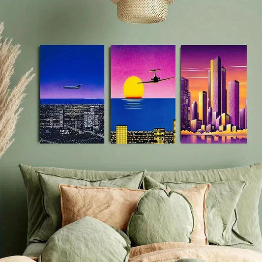 3pcs Vibrant City Landscape at Sunset Metal Print Ready to Hang Art