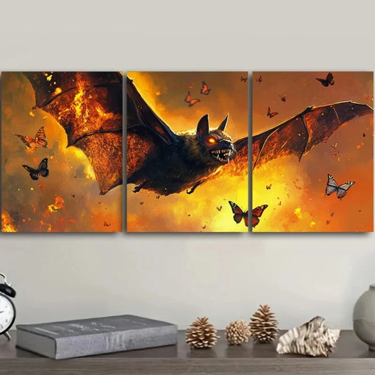 3pcs Large Bat with Spread Wings Firefly Accents Metal Print Ready to Hang Art