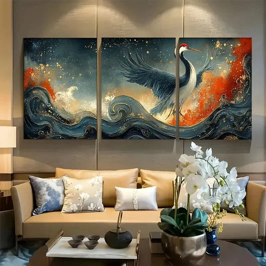 3pcs Traditional Japanese Hokusai Waves and Crane Metal Print Ready to Hang Art