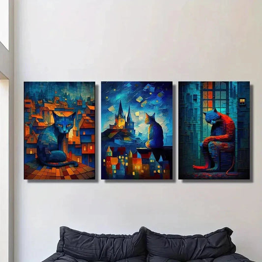 3pcs  Cat sitting on the roof under starry night  Metal Print Ready to Hang Art