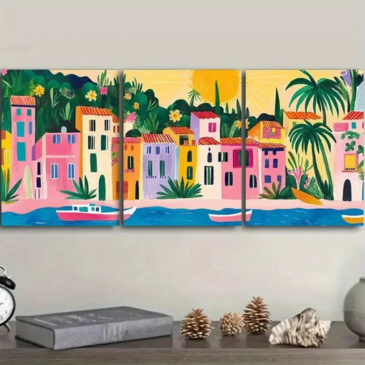 3pcs Modern Coastal City Art Metal Print Ready to Hang Art