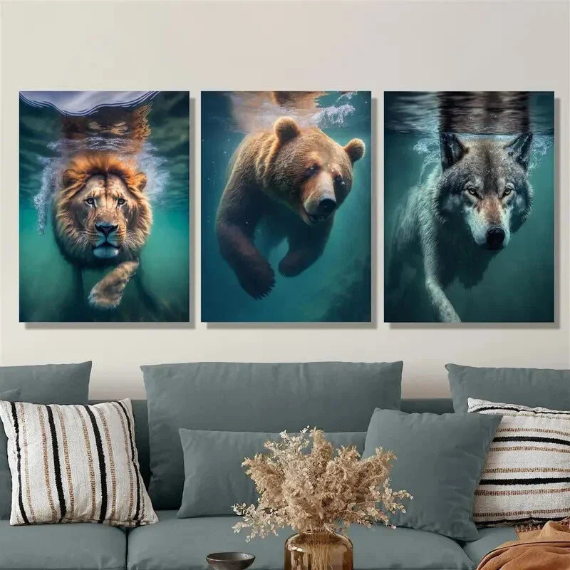 3pcs Beasts underwater, Lions, bears and wolves, Metal Print Ready to Hang Art