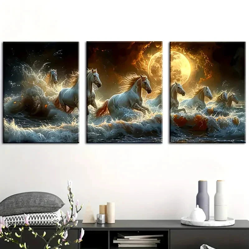 3pcs White Horses Galloping in the Ocean Metal Print Ready to Hang Art