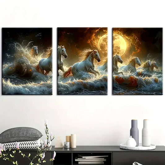 3pcs White Horses Galloping in the Ocean Metal Print Ready to Hang Art