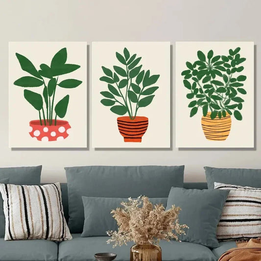 3pcs Painting of leaves growing in pot plant  Metal Print Ready to Hang Art