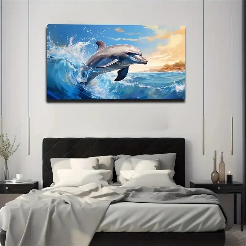 Vibrant Dolphin Ocean Scene Wall Art Canvas Office Home Room Framed 120x60cm