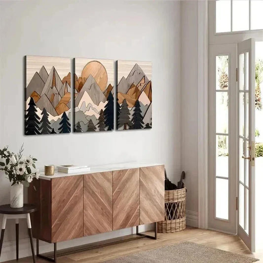 3pcs Nature Landscape Trees Mountains Sun Wall Art Set Canvas Framed 40x60cm - High Quality Print 100% Australian Made Wall Canvas Ready to Hang