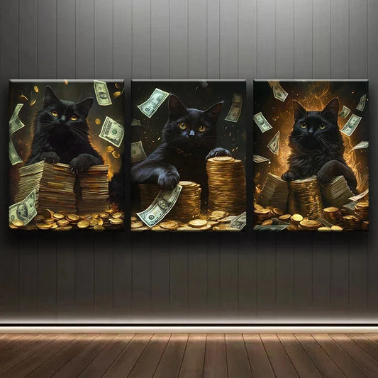 3pcs Black Cat Surrounded By Stacks Of Cash Metal Print Ready to Hang Art
