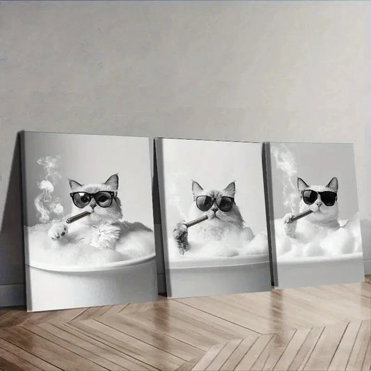3pcs Gangster Brother Kitten Wall Art Set Canvas Framed 40x60cm - High Quality Print 100% Australian Made Wall Canvas Ready to Hang