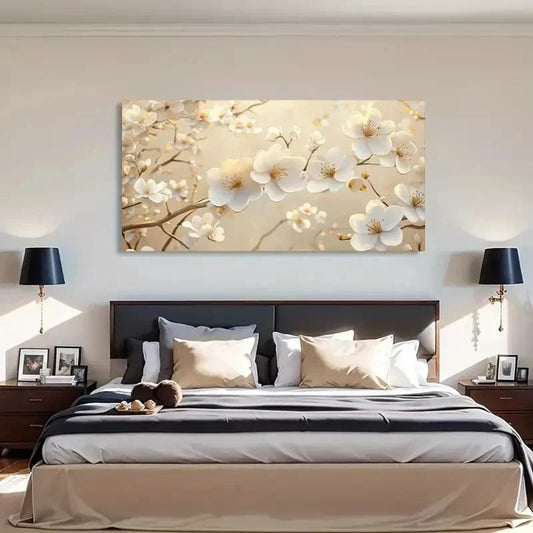 White Blossoms Deco Floral Wall Art Canvas Office Home Room Framed 80x45cm