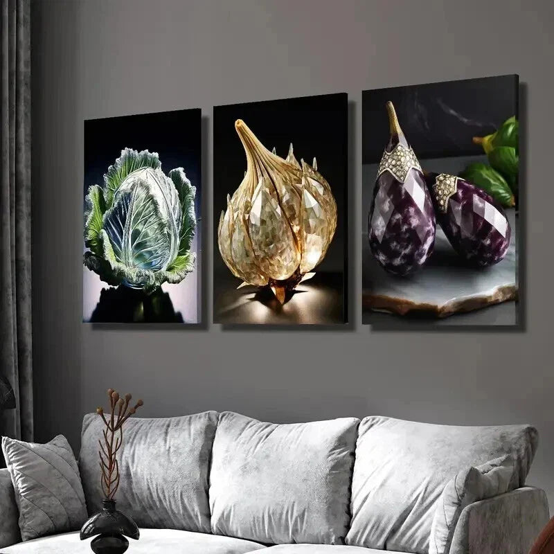 3pcs Cabbage Crystal Garlic Eggplant Wall Art Set Canvas Framed 40x60cm - High Quality Print 100% Australian Made Wall Canvas Ready to Hang