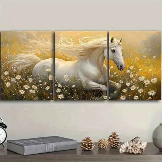 3pcs White Horse Running in Meadow Wall Art Set Canvas Framed 40x60cm - High Quality Print 100% Australian Made Wall Canvas Ready to Hang