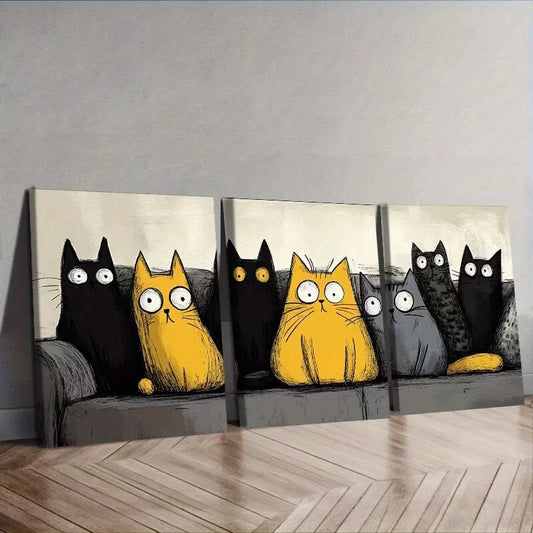 3pcs Modern Art Deco Cat Contemporary Wall   Art Set Canvas Framed 40x60cm - High Quality Print 100% Australian Made Wall Canvas Ready to Hang