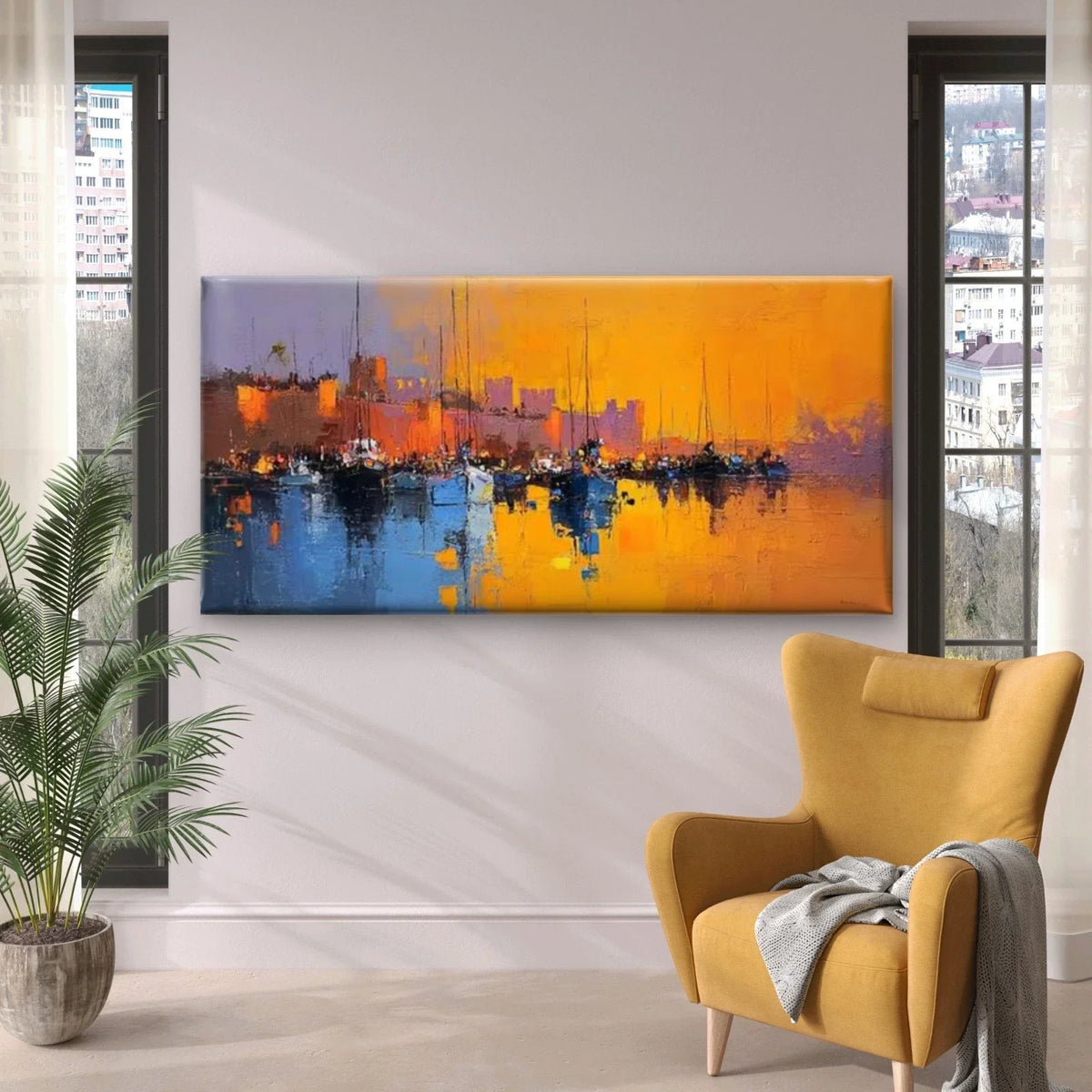 Abstract Coastal Maritime Cityscape Wall Art Canvas Office Home Room Framed 120x60cm