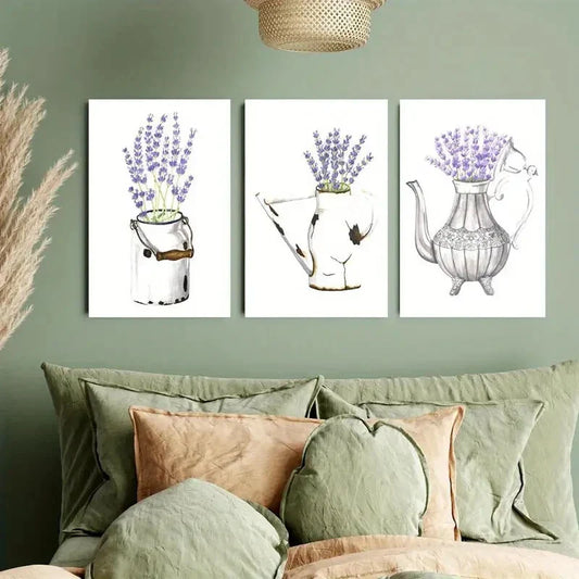 3pcs The Lavender in the Teapot and Campanula Metal Print Ready to Hang Art