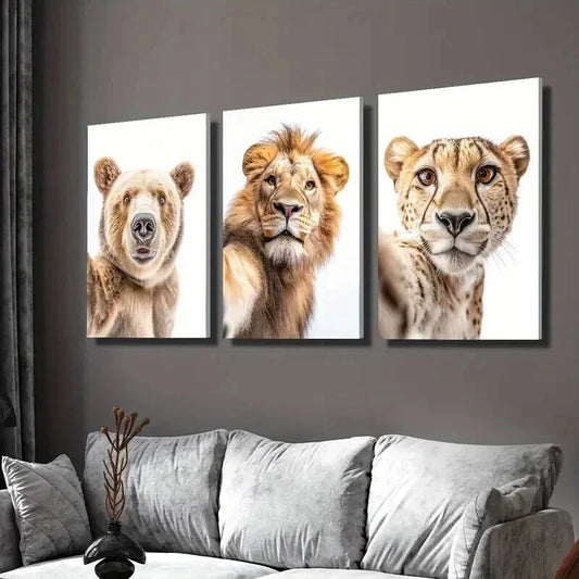 3pcs Bear Lion & Leopard Taking Selfie Wall Art Set Canvas Framed 40x60cm - High Quality Print 100% Australian Made Wall Canvas Ready to Hang