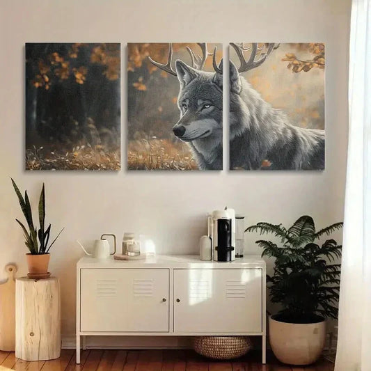 3pcs Gray Wolf with Antlers Autumn Forest Metal Print Ready to Hang Art