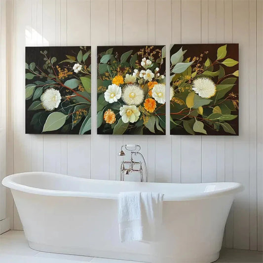 3pcs White & Yellow Blossoms with Green Perfect Wall Art Set Canvas Framed 40x60cm - High Quality Print 100% Australian Made Wall Canvas Ready to Hang