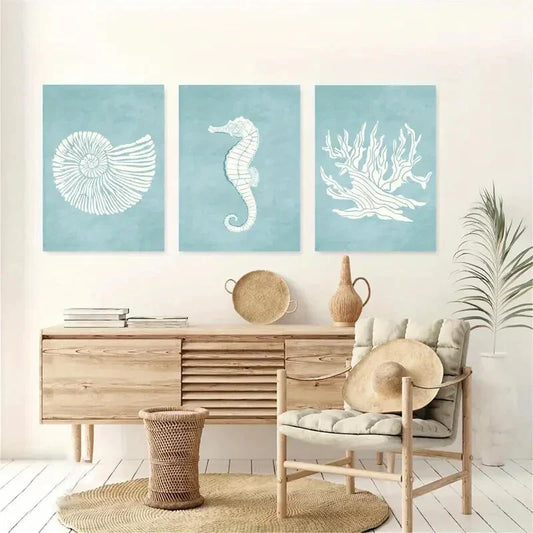 3pcs Seahorse, Coral, And Seashell Metal Print Ready to Hang Art