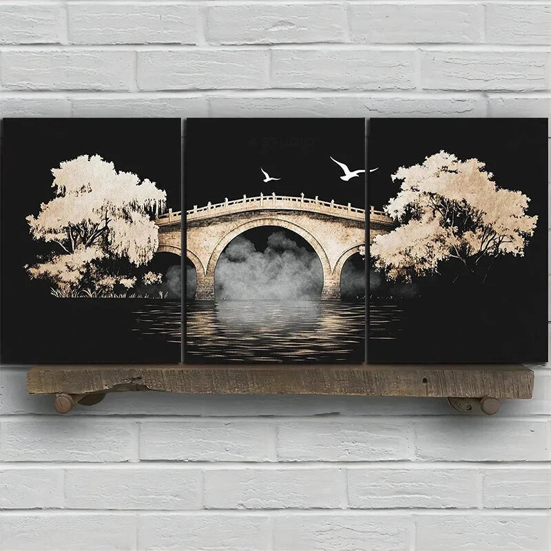 3pcs Charming White Modern Trees Flying Birds Dark Metal Print Ready to Hang Art