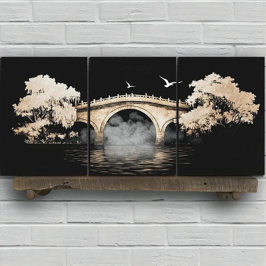 3pcs Charming White Modern Trees Flying Birds Dark Metal Print Ready to Hang Art