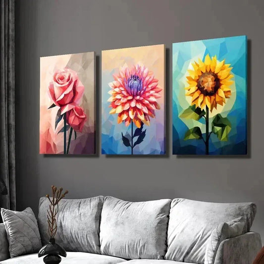 3pcs Cubism Pink Rose Abstract Dahlia Sunflower Wall Art Set Canvas Framed 40x60cm - High Quality Print 100% Australian Made Wall Canvas Ready to Hang
