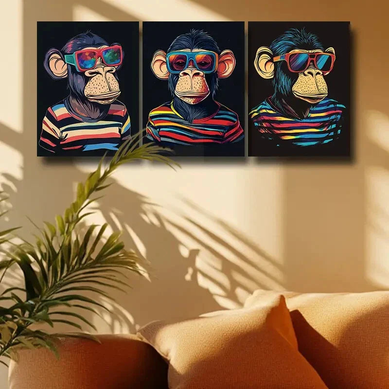 3pcs Fashion Glasses Monkey Metal Print Ready to Hang Art