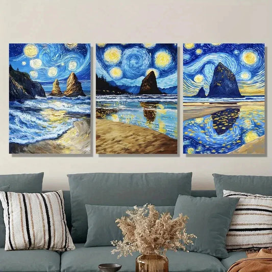 3pcs starry sky landscape Van Gogh style painting  Metal Print Ready to Hang Art