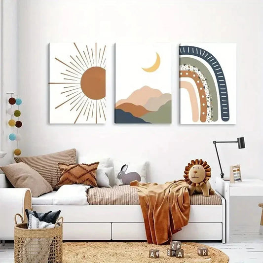 3pcs Sun, Rainbow, and Moon Nursery Metal Print Ready to Hang Art
