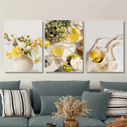 3pcs Lemon Grape Plants and Flowers Metal Print Ready to Hang Art