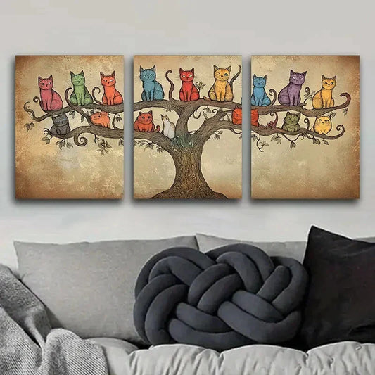 3pcs Whimsical Cat Tree Cute Adorable Perfect Wall Art Set Canvas Framed 40x60cm - High Quality Print 100% Australian Made Wall Canvas Ready to Hang