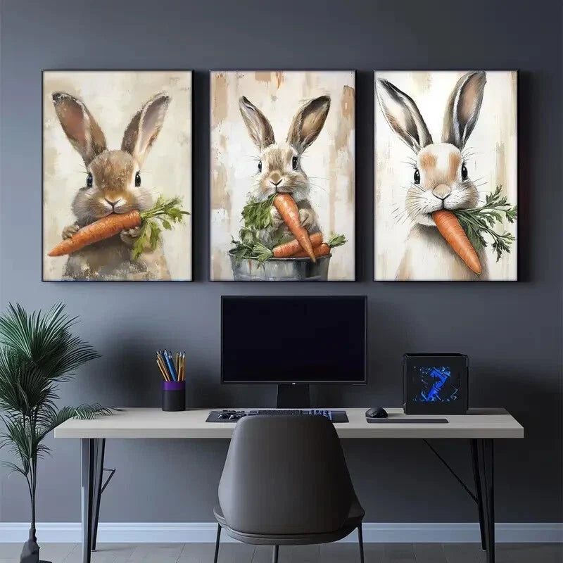 3pcs Cute Bunny and Carrot Vintage Animal Art Metal Print Ready to Hang Art