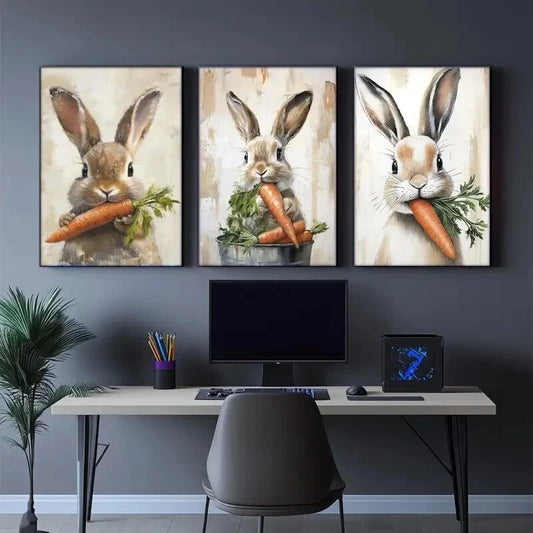 3pcs Cute Bunny and Carrot Vintage Animal Art Metal Print Ready to Hang Art