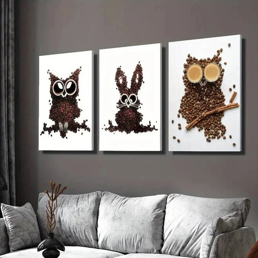 3pcs Owl Bunny & Rabbit Designs with Coffee Cup Wall Art Set Canvas Framed 40x60cm - High Quality Print 100% Australian Made Wall Canvas Ready to Hang