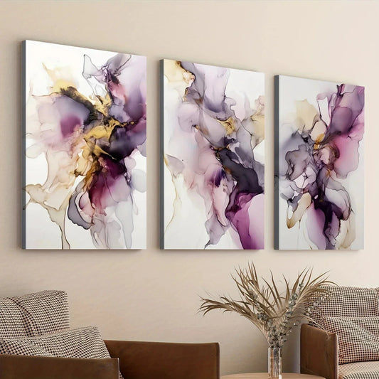 3pcs Marble Golden Foil Purple Modern Elegant Wall Art Set Canvas Framed 40x60cm - High Quality Print 100% Australian Made Wall Canvas Ready to Hang