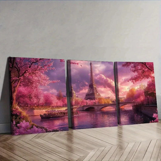 3pcs Cherry Blossoms at Eiffel Tower Wall Art Set Canvas Framed 40x60cm - High Quality Print 100% Australian Made Wall Canvas Ready to Hang