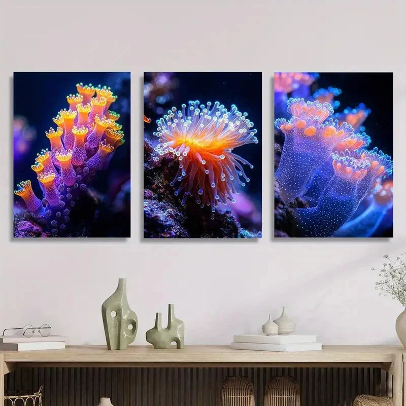 3pcs Underwater Coral and Marine Life, Luminous  Metal Print Ready to Hang Art
